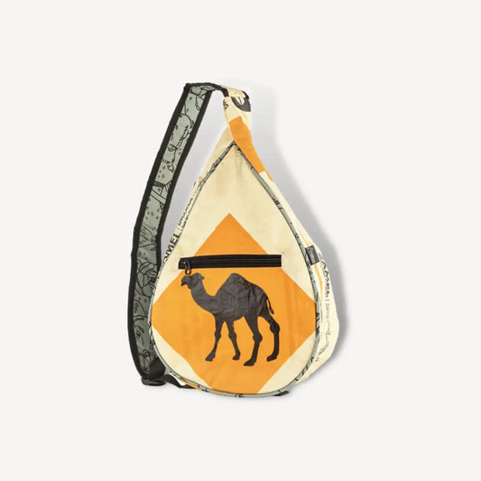 Sling bag with a camel on it.