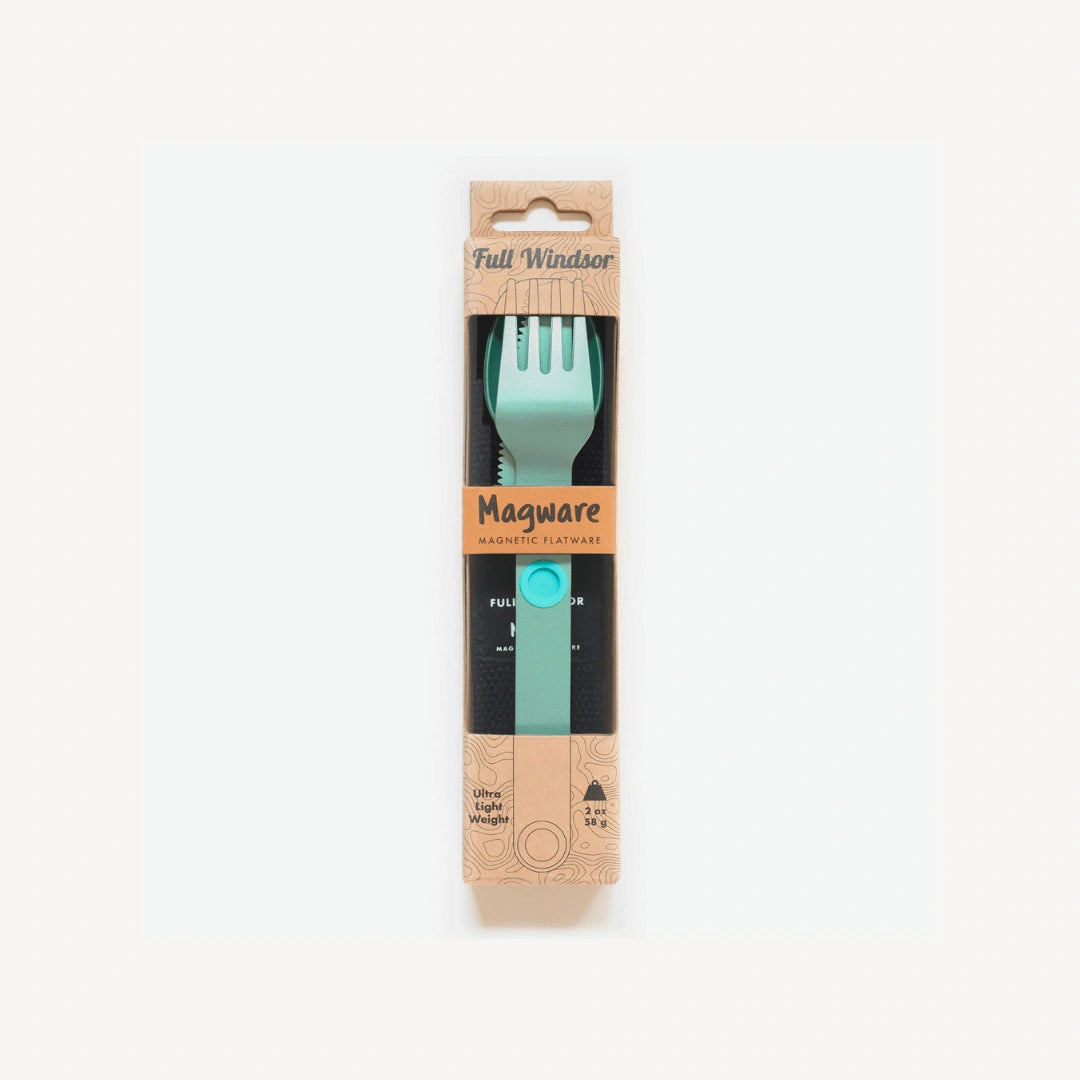 Turquoise fork, knife and spoon connected in packaging.