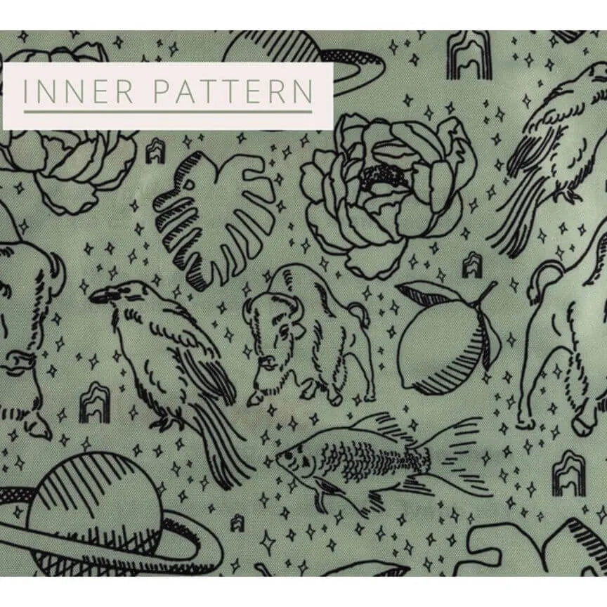 Green interior lining with pictures on it.