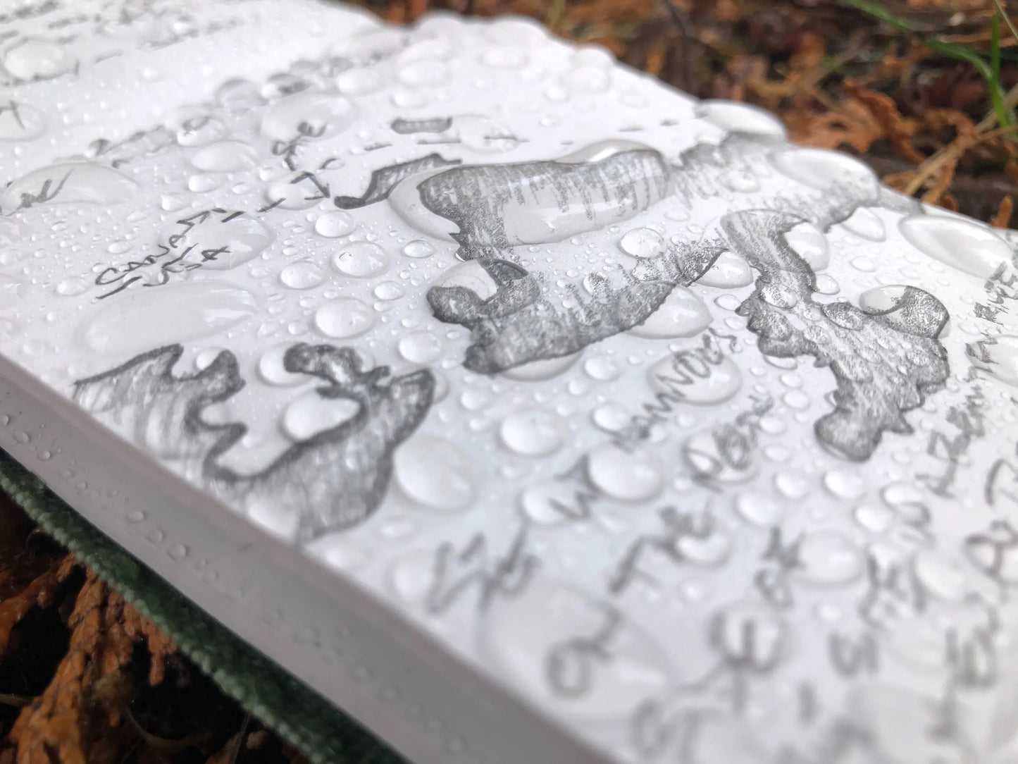 Notepad paper with writing and water on it.