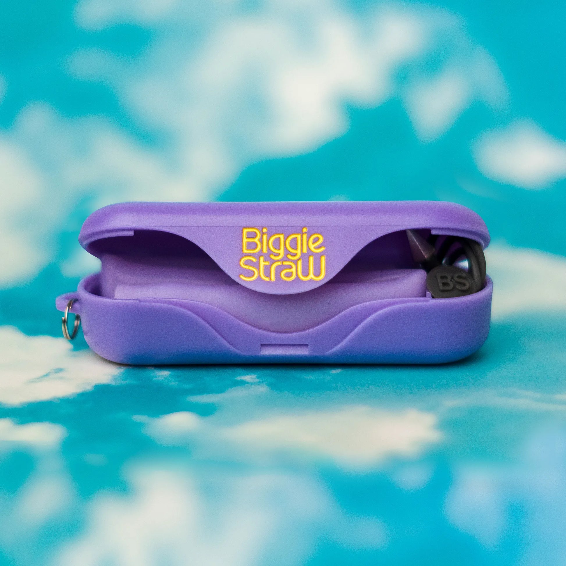 Purple biggie straw case in front of blue and white background.