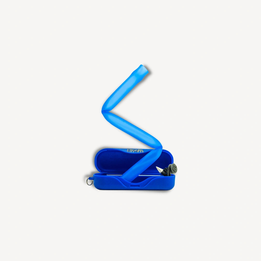 Blue flexible straw bending out of a blue case.