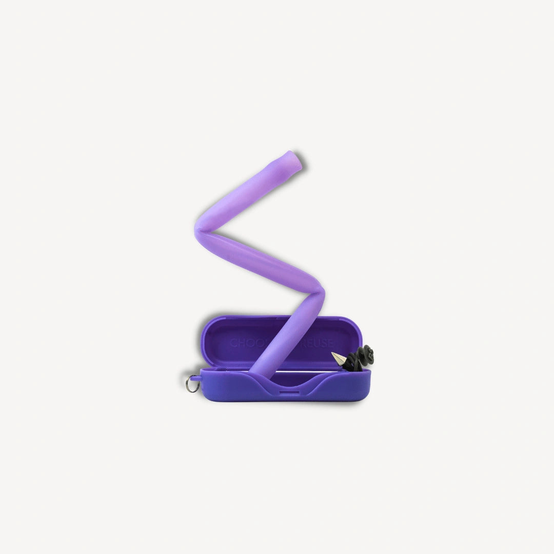 Purple flexible straw bending out of purple case.