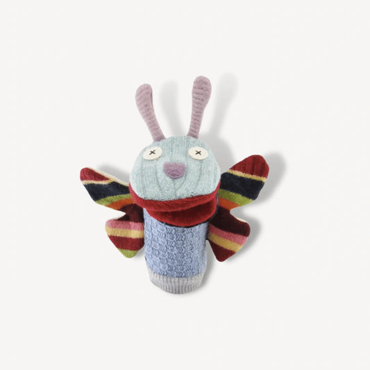 Butterfly hand puppet with striped wings.