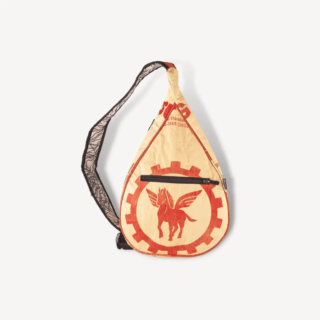 Sling bag with a red pegasus on it.