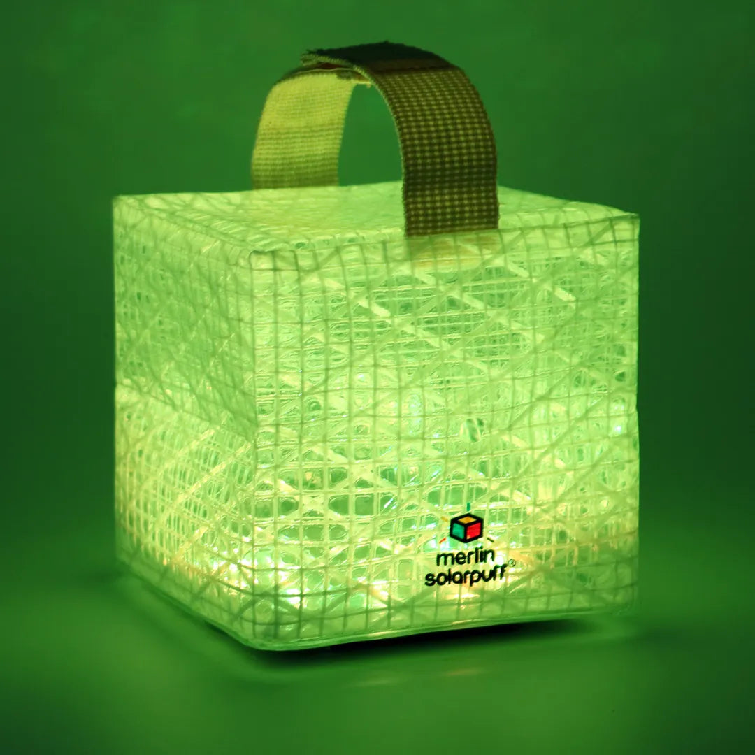 Green cube lantern with a strap on top.