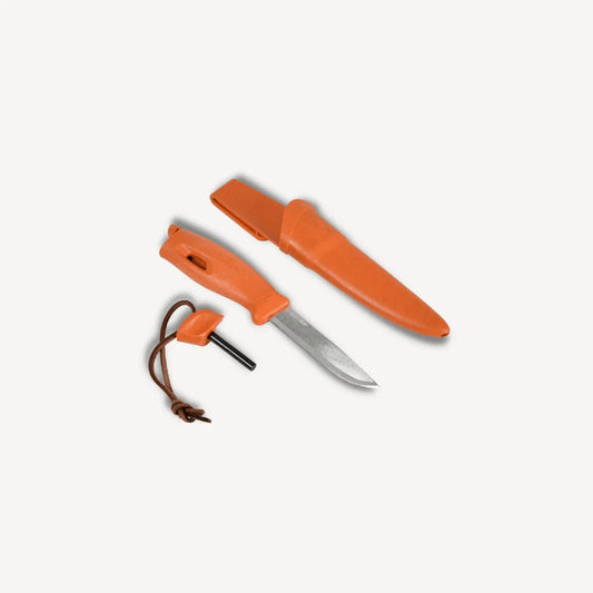 Orange knife, sheath and ferro rod.