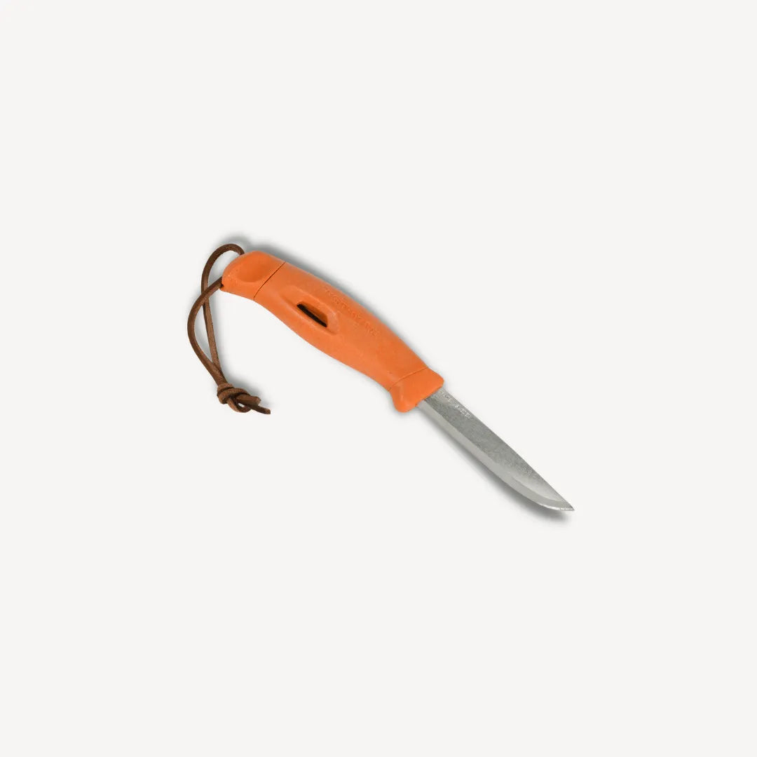 Orange knife with leather strap attached.