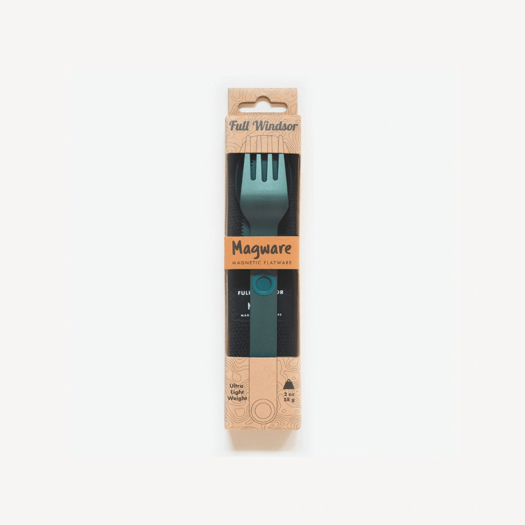 Blue fork, spoon and knife connected in packaging.