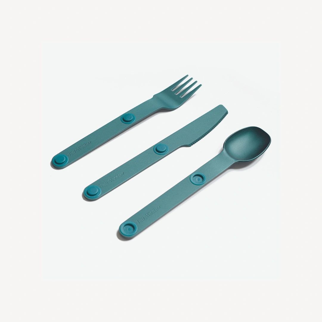 Blue fork, spoon and knife angled.