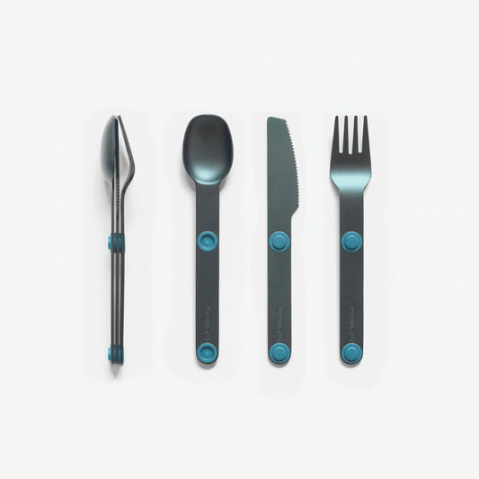Blue fork, spoon and knife.