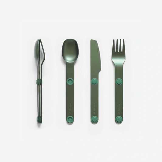 Green fork, knife and spoon.