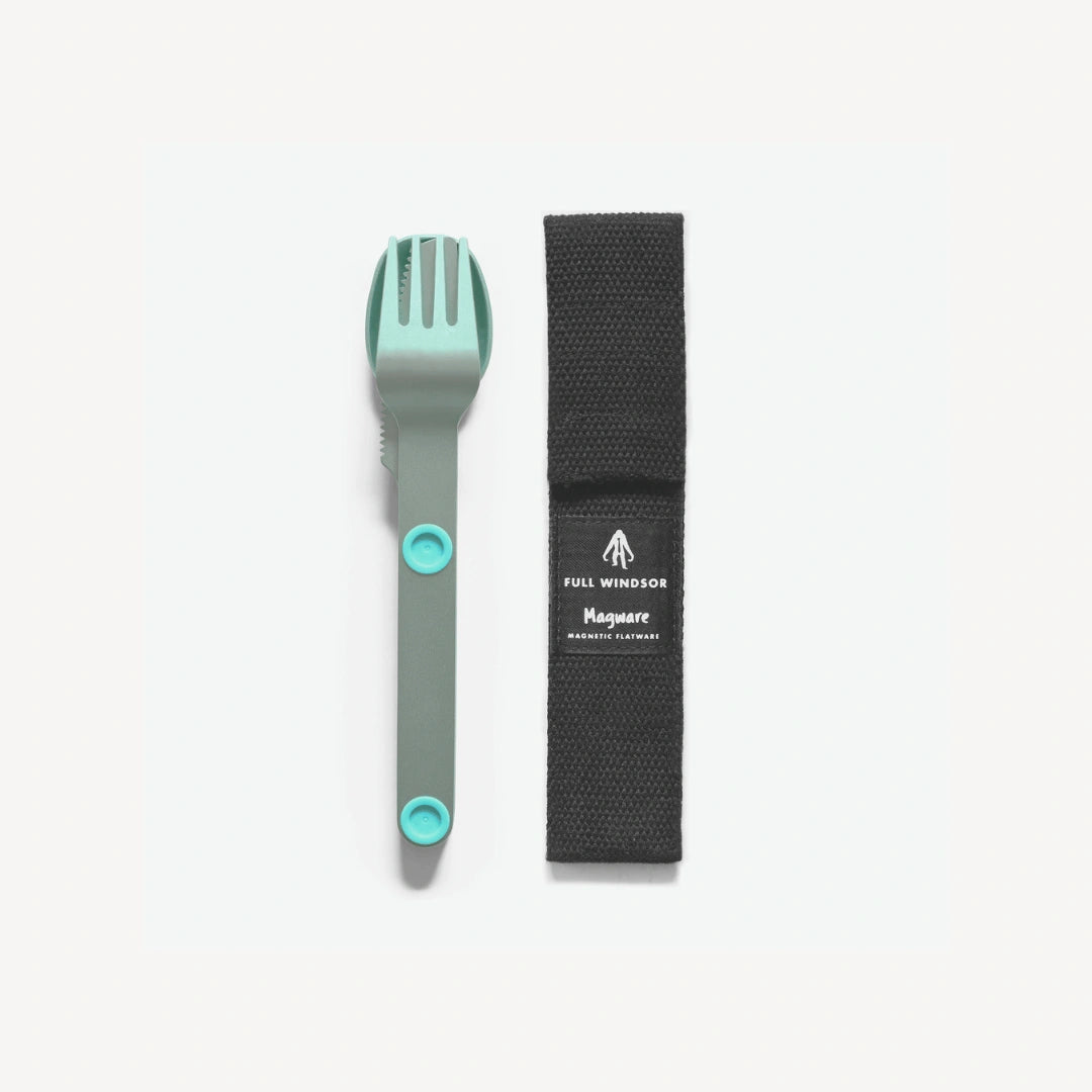 Turquoise fork, knife and spoon connected with black case.