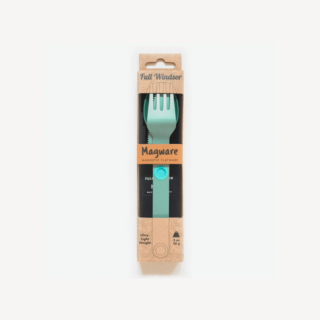 Turquoise fork, knife and spoon connected in packaging.