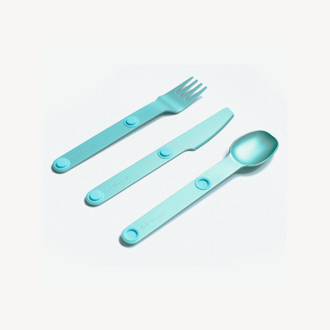 Turquoise fork, knife and spoon angled.