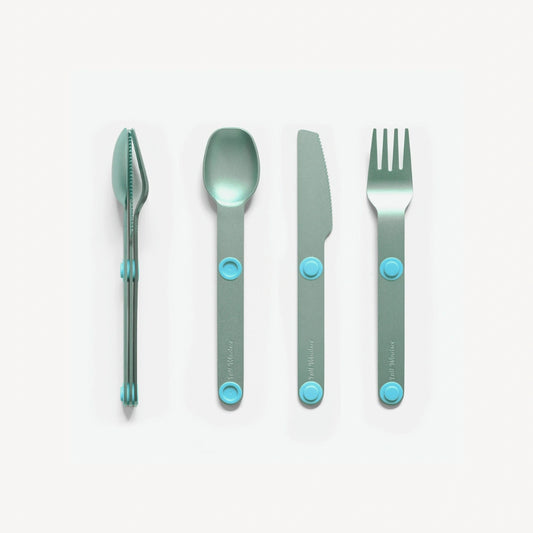 Turquoise fork, knife and spoon.