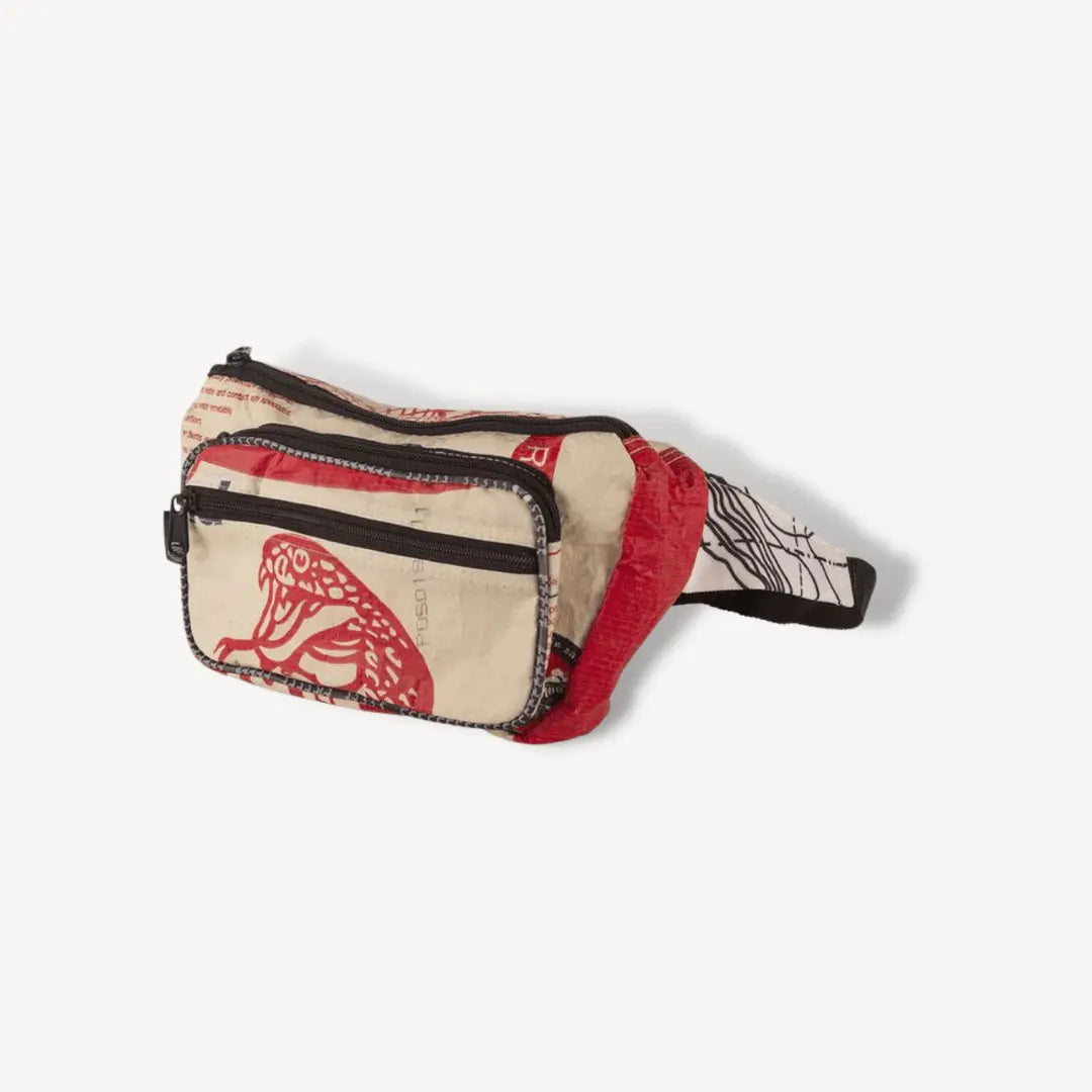 Red and white hip bag with a cobra on it.