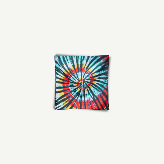 Bandana with red, blue, yellow and white tie-dye.