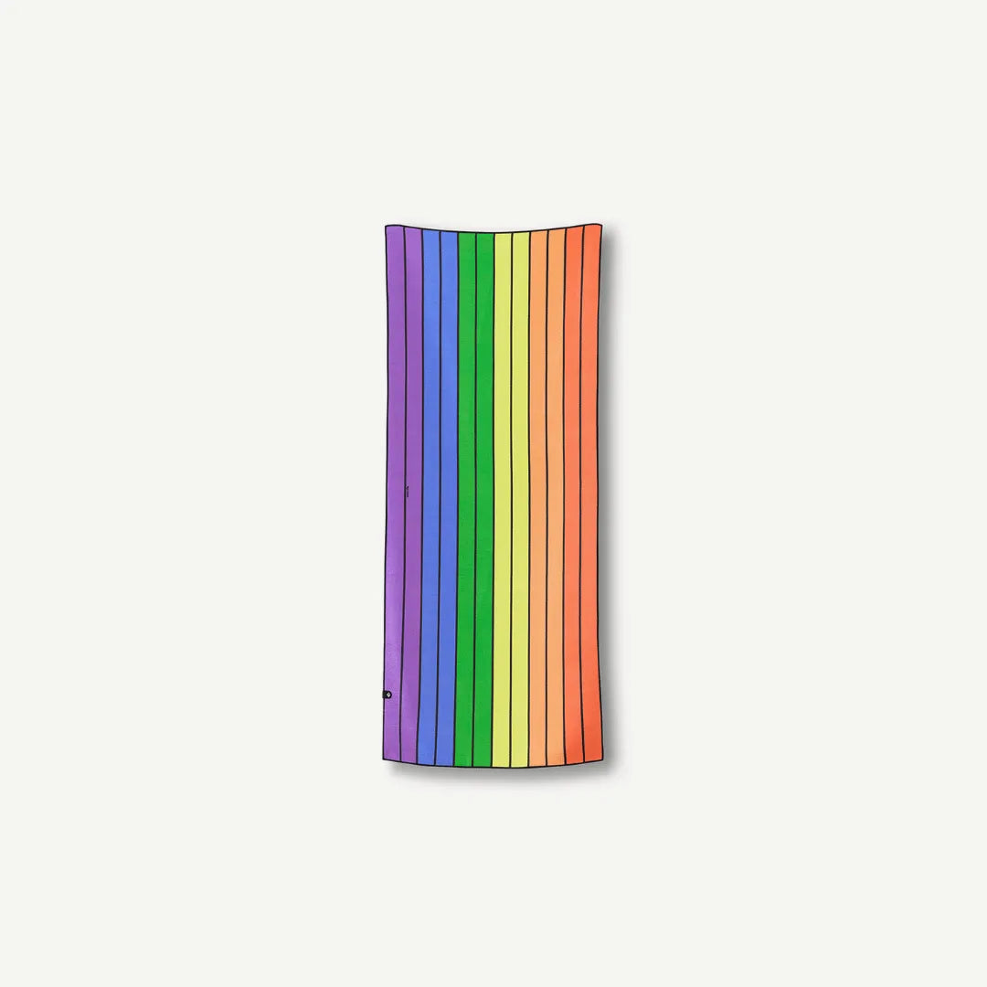 Striped rainbow colored beach towel.