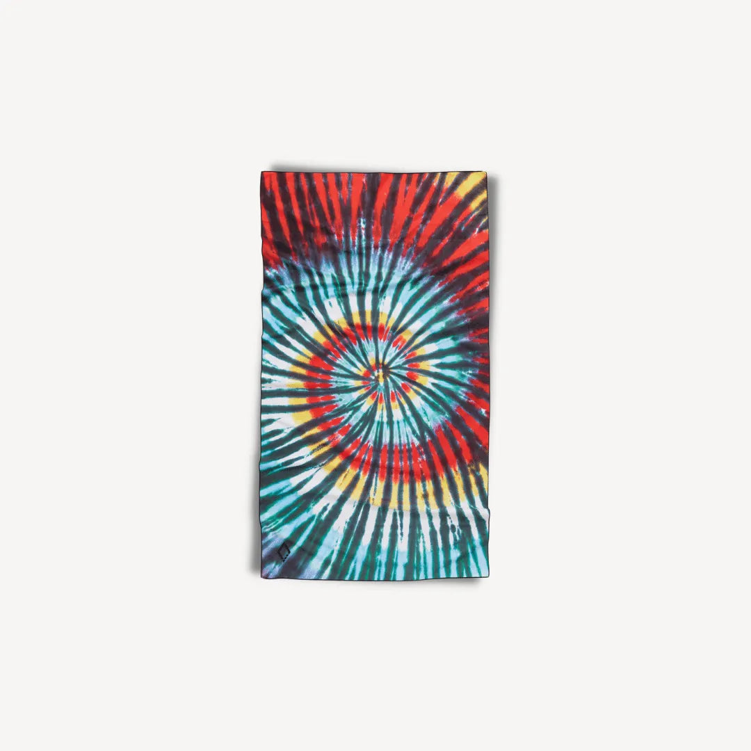 Red, white, blue and yellow tie-dye towel.
