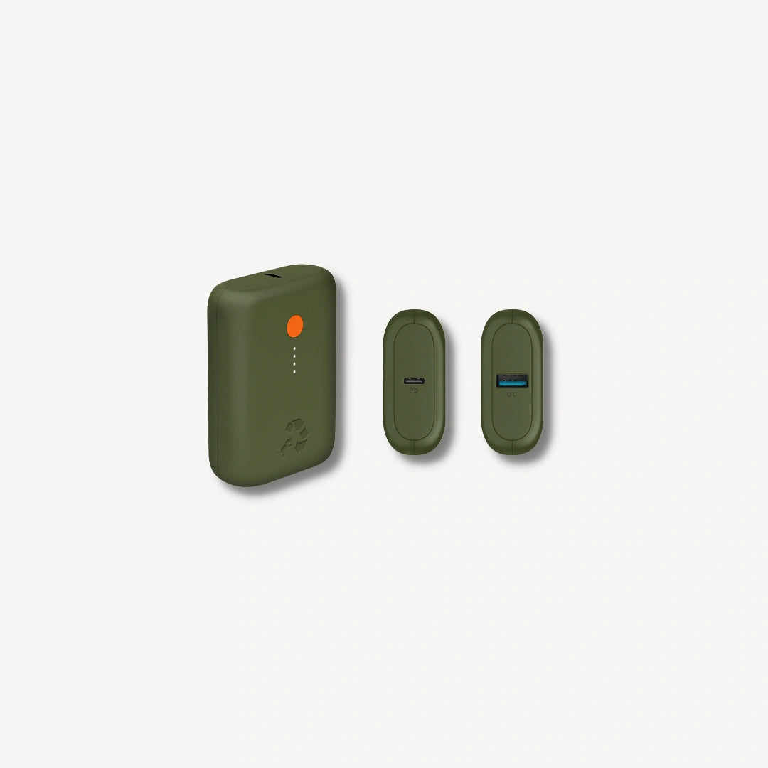Green portable charger with orange button top and bottom.