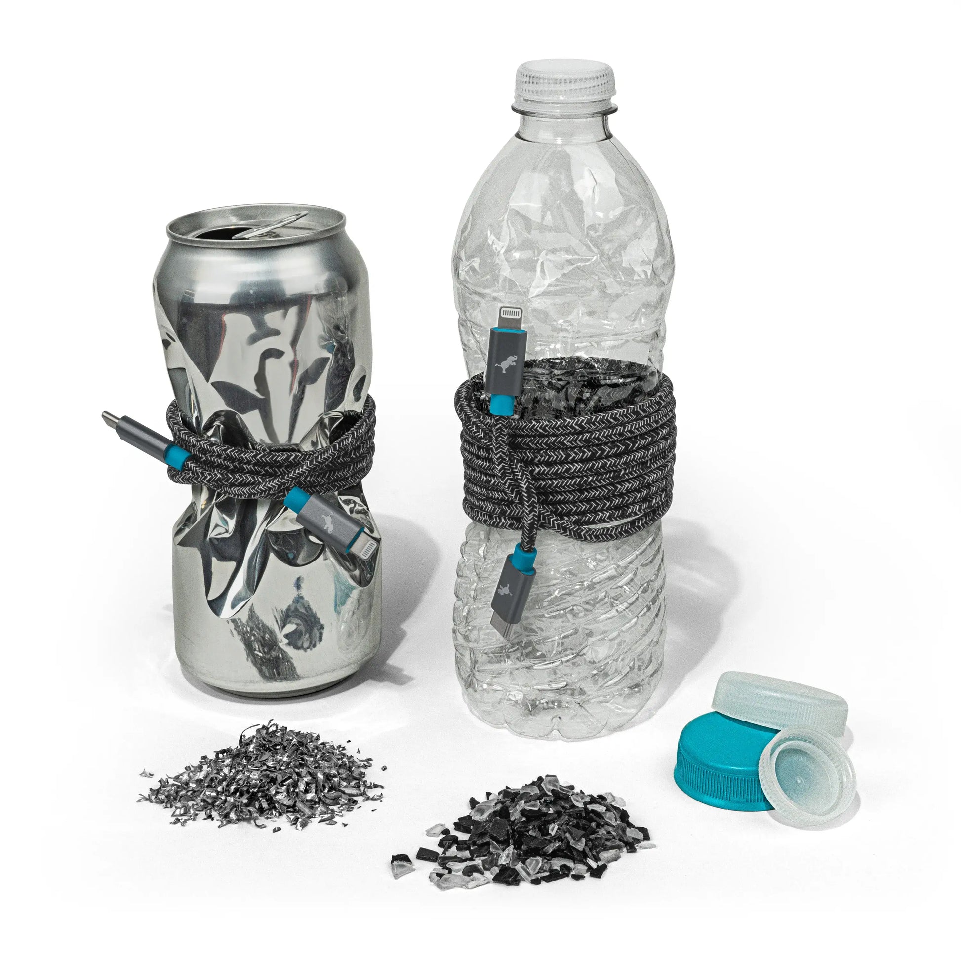 Cables wrapped around a can and a bottle.