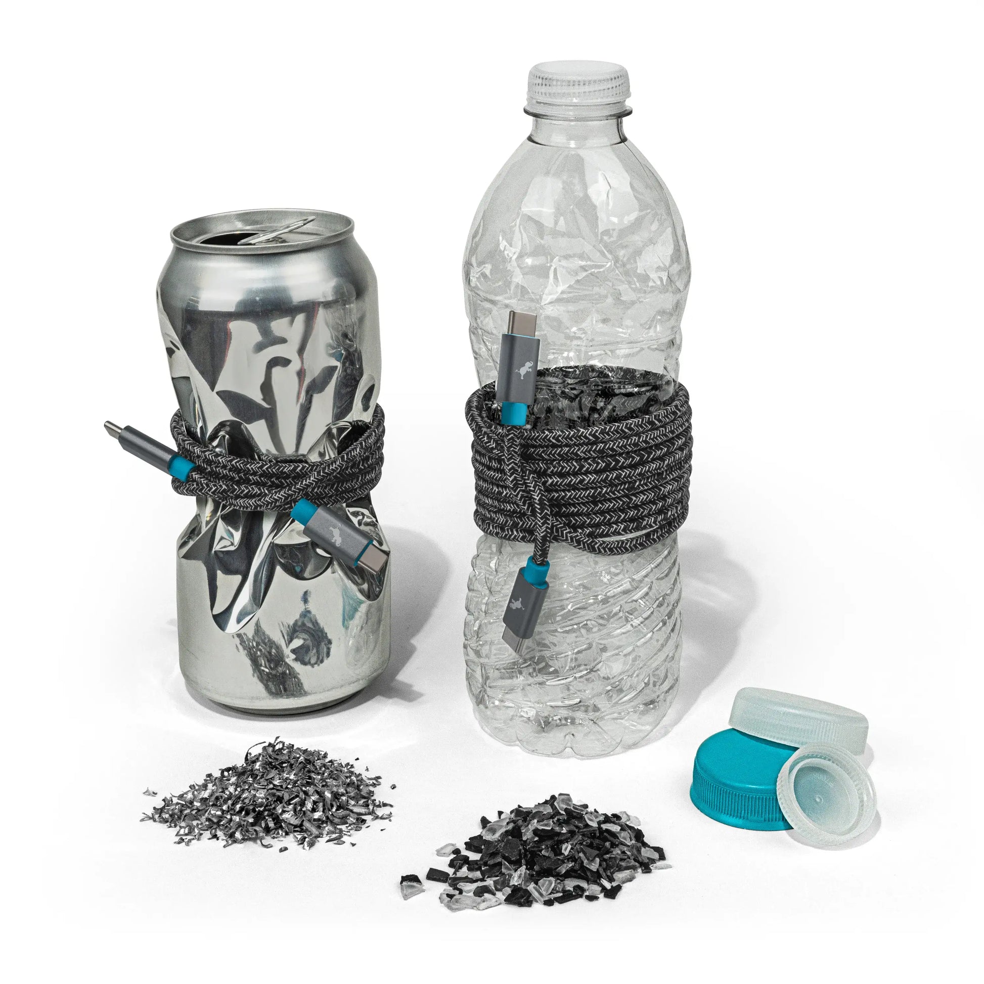 USB-C cables wrapped around a can and a bottle.