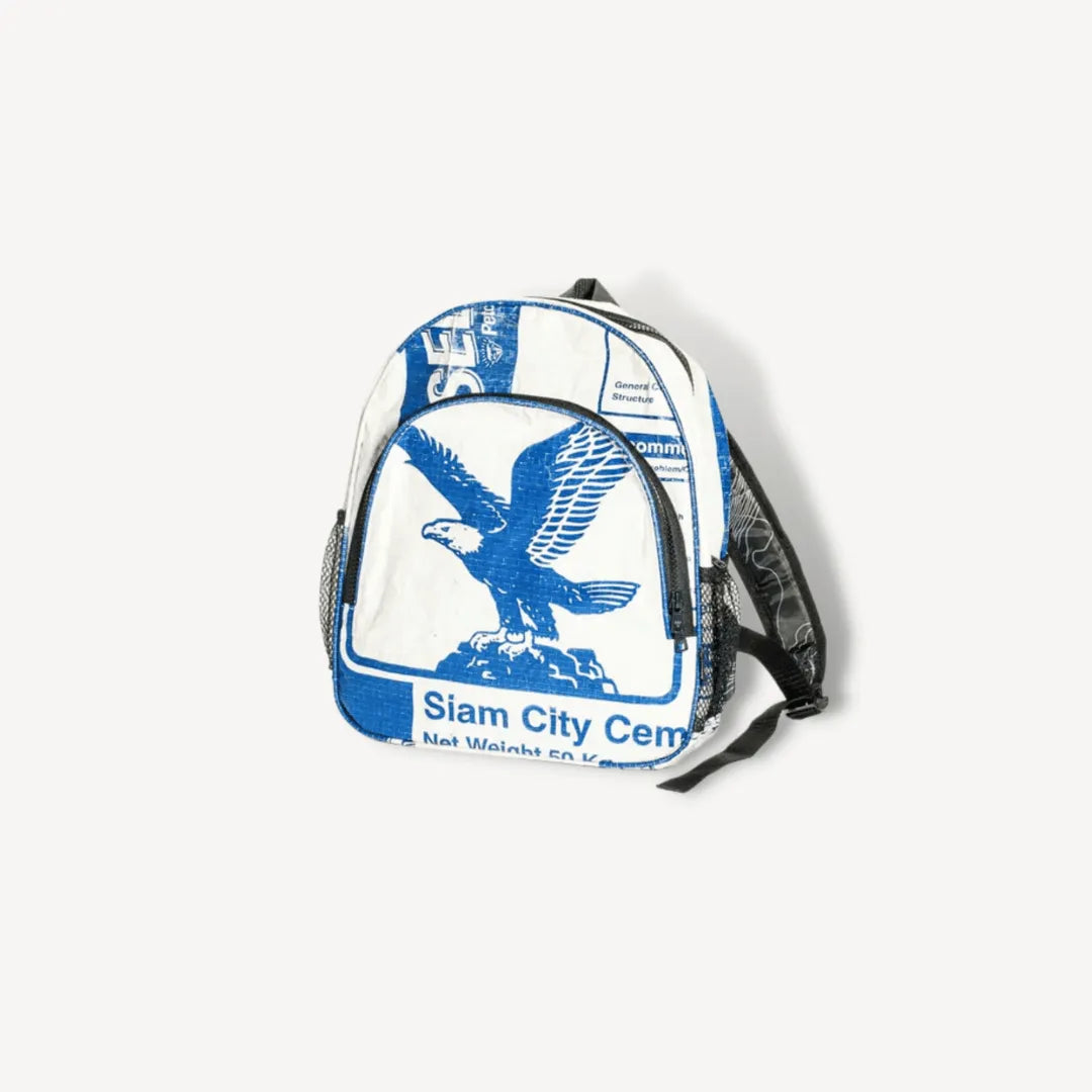 White and blue backpack with an eagle on it.
