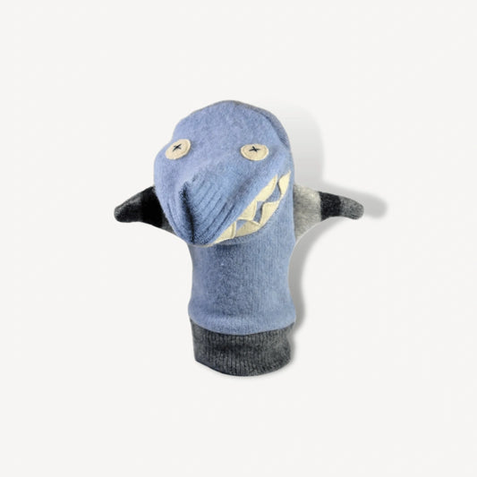 Blue wool shark hand puppet.