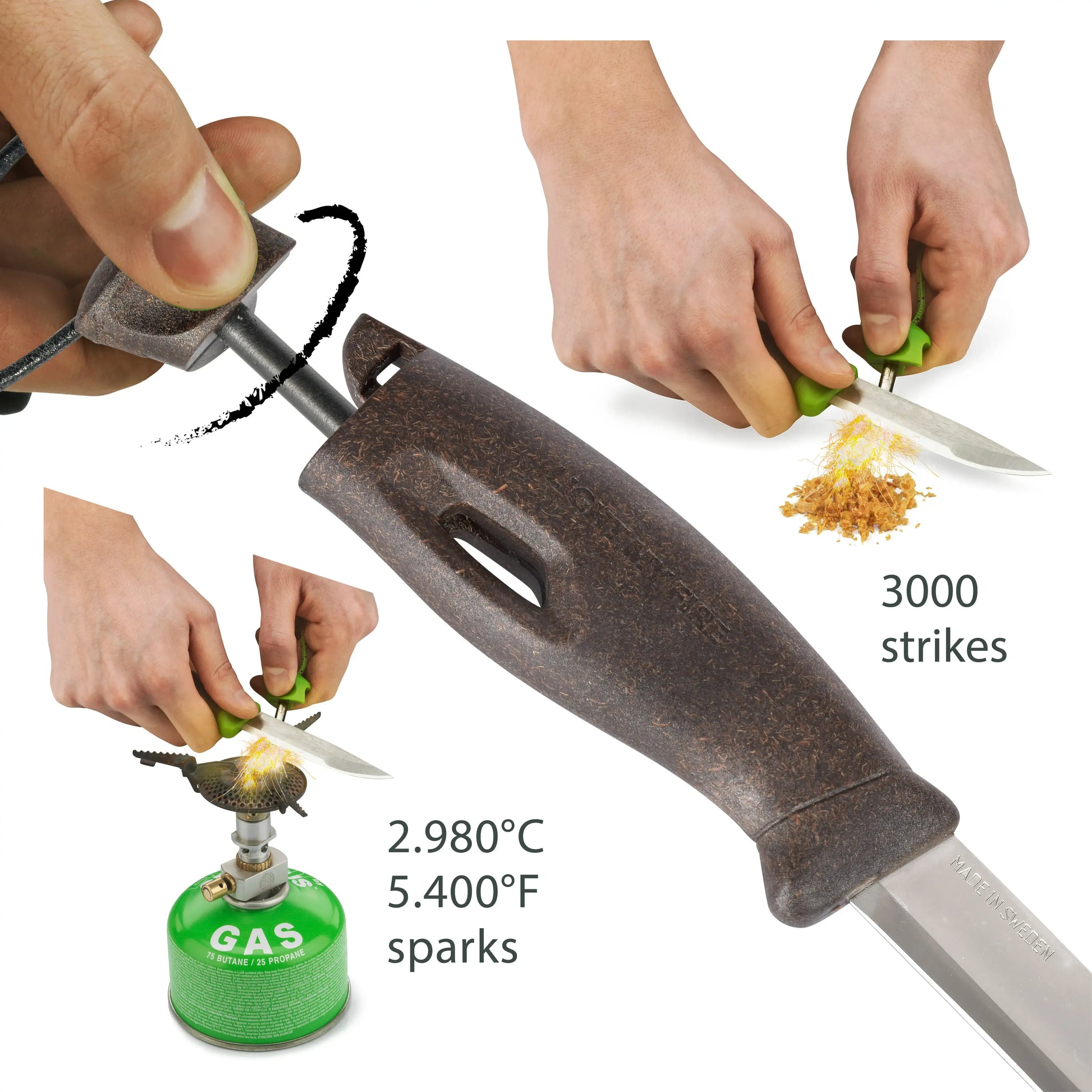 Steps for making sparks with a knife and ferro rod.