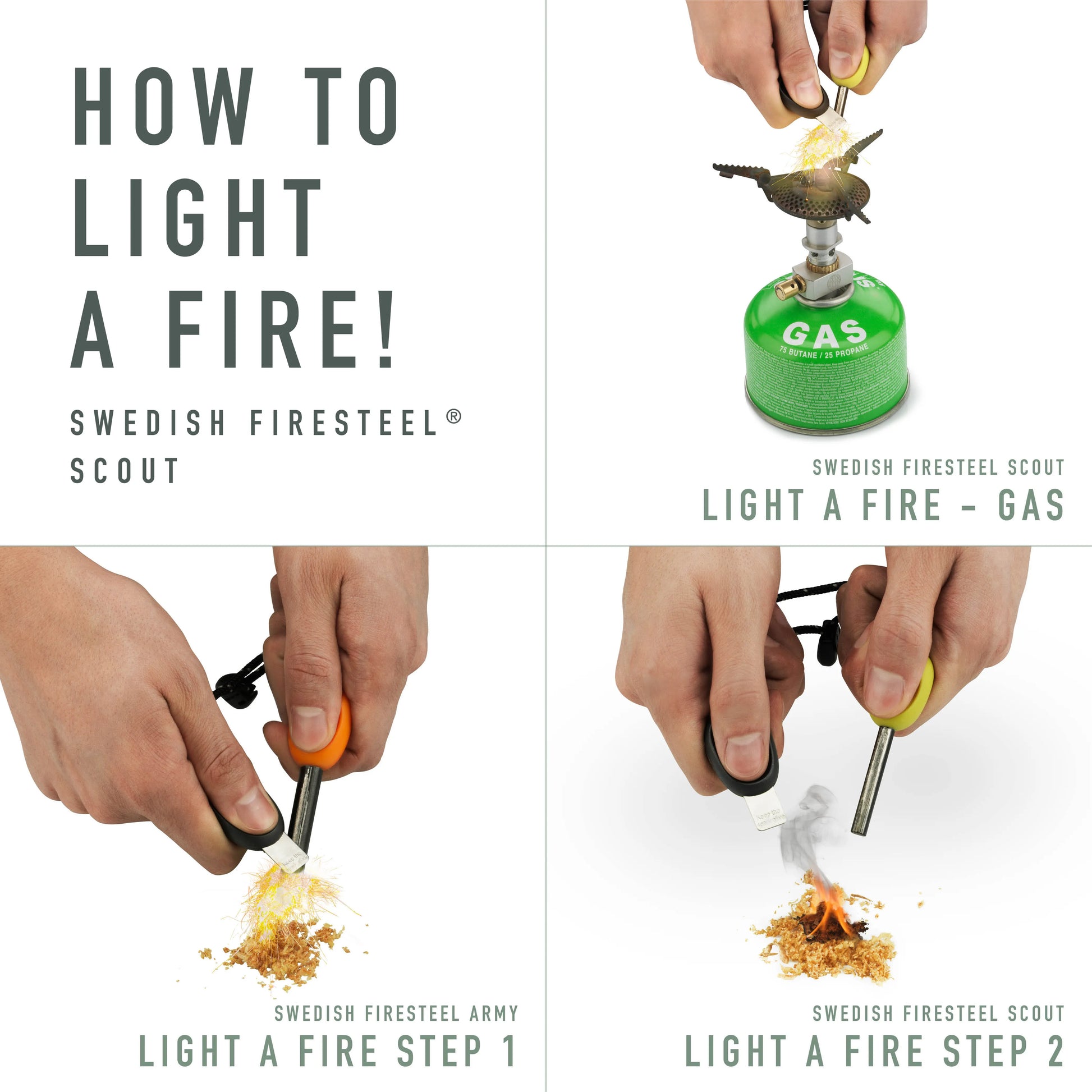 Steps for lighting a fire with a ferro rod and striker.