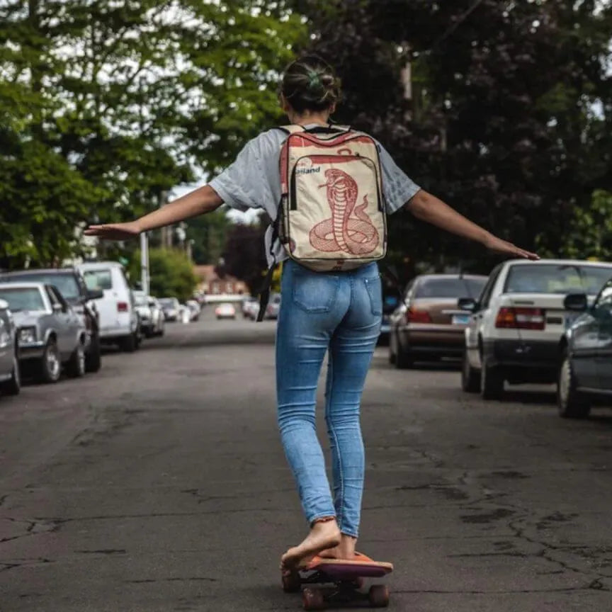 Skateboarder wearing a backpack with a cobra on it.