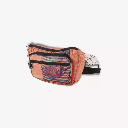 Orange hip bag with a fish on it.