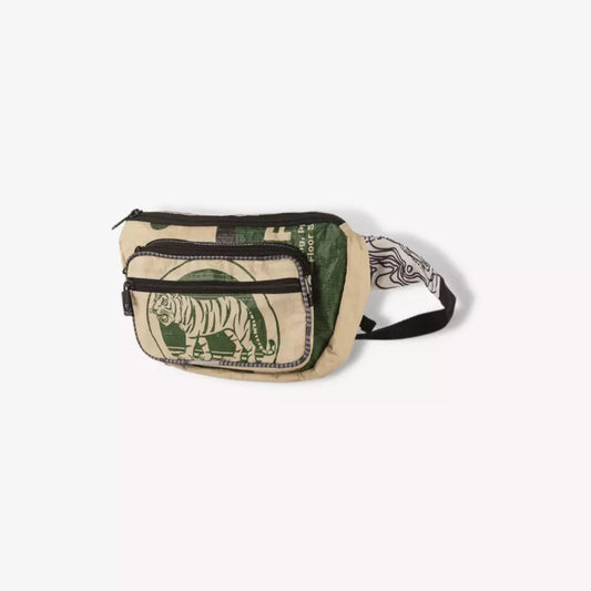 White and green hip bag with a tiger on it.
