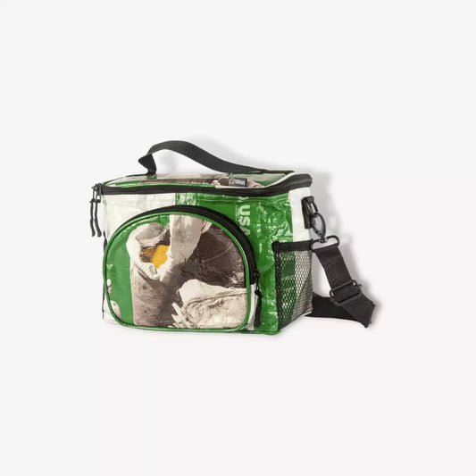 Green and white cooler bag with a strap.
