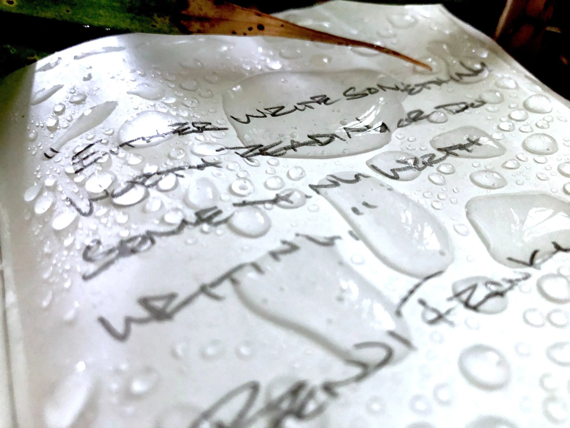 Notepad paper with writing and water on it.
